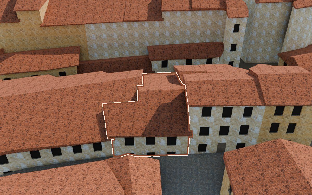 Manzana 6, n.º 11 a la reconstrucció 3D, vista des del seu carrer, amb el contorn marcat de color teula entre les cases del voltant