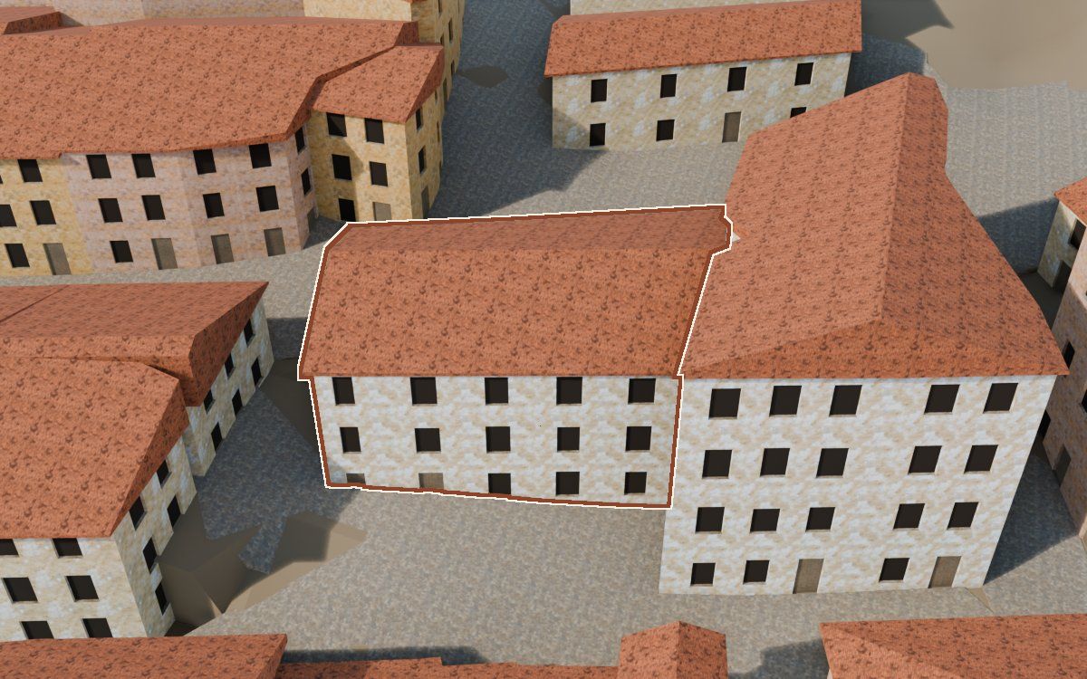 Manzana 6, n.º 17 a la reconstrucció 3D, vista des del seu carrer, amb el contorn marcat de color teula entre les cases del voltant