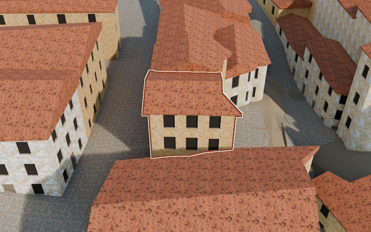 Manzana 6, n.º 5 a la reconstrucció 3D, vista des del seu carrer, amb el contorn marcat de color teula entre les cases del voltant