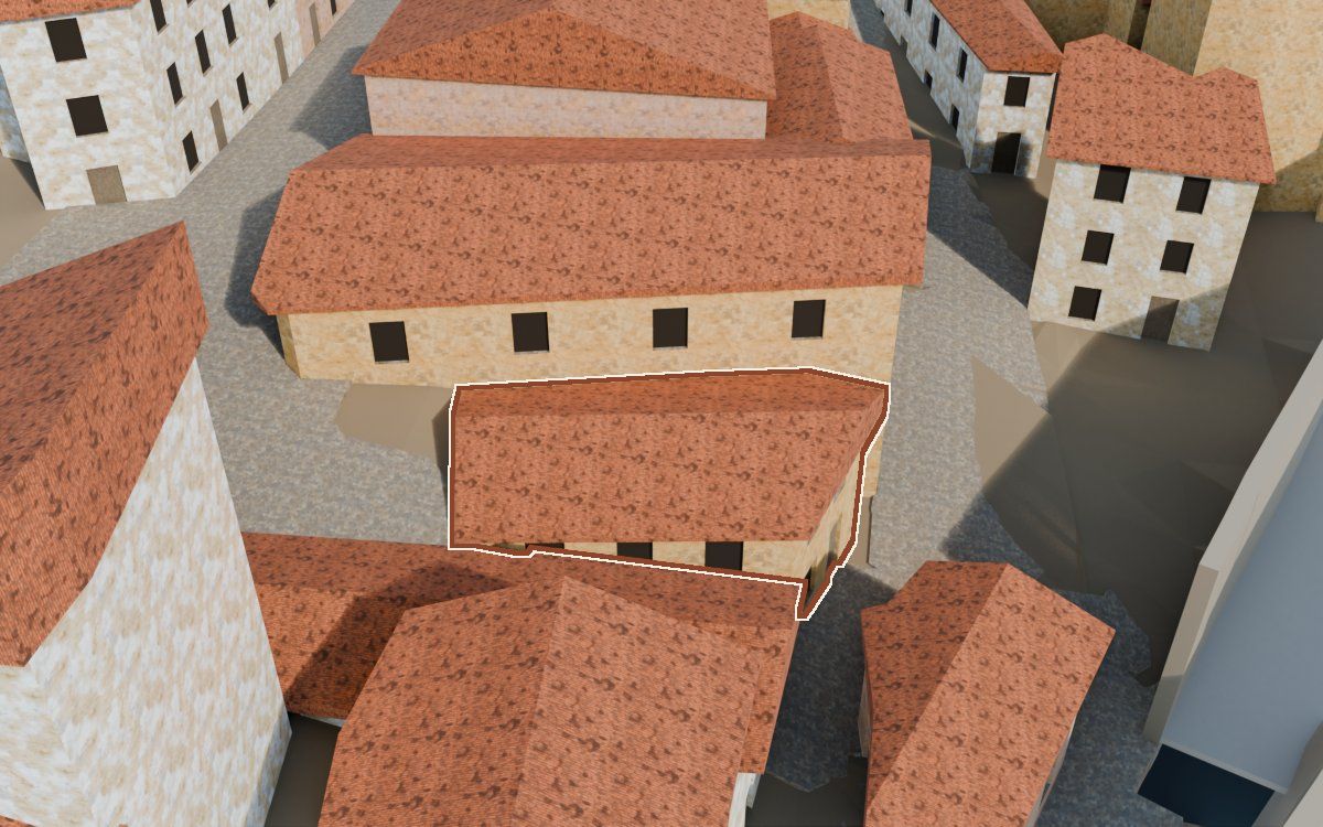 Casa de la Costereta la Barca a la reconstrucció 3D, vista des del seu carrer, amb el contorn marcat de color teula entre les cases del voltant