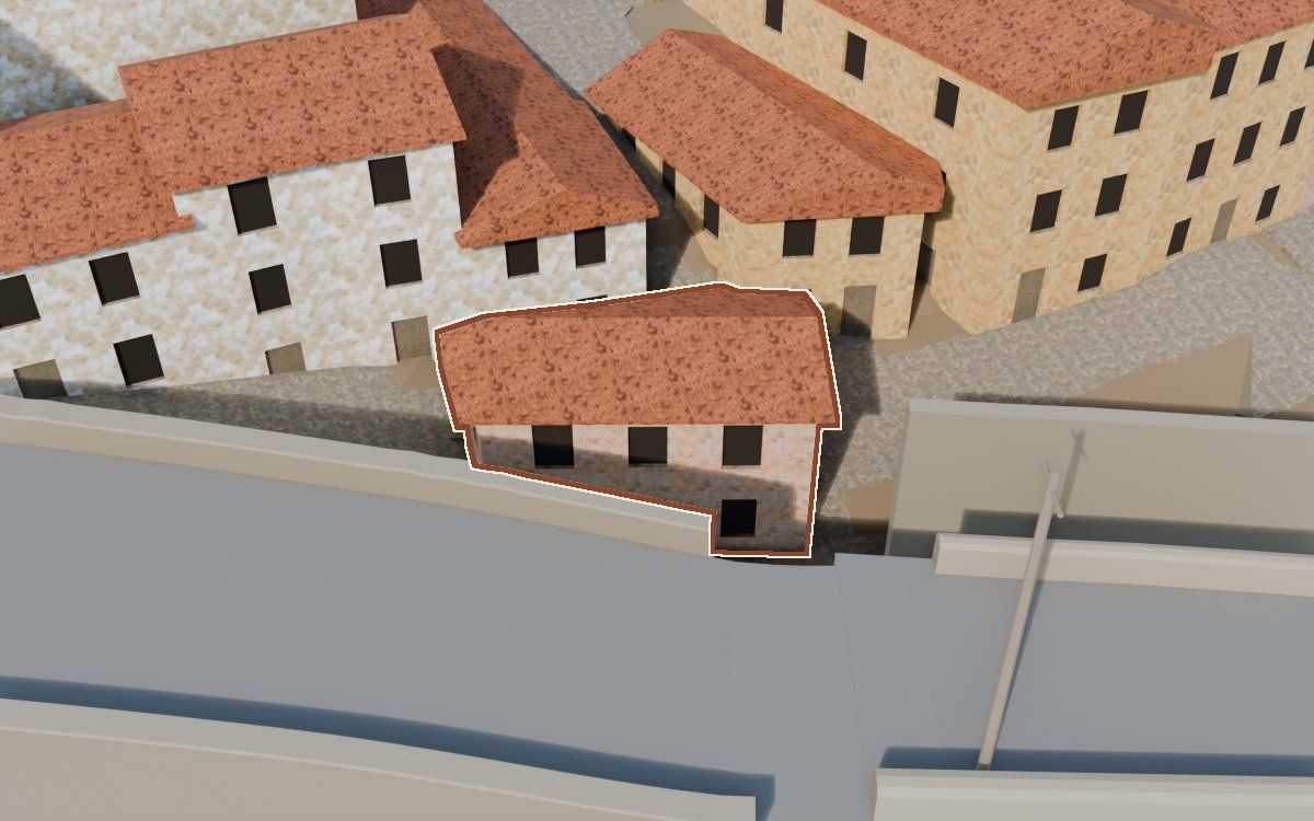 Casa de la Carretera a la reconstrucció 3D, vista des del seu carrer, amb el contorn marcat de color teula entre les cases del voltant