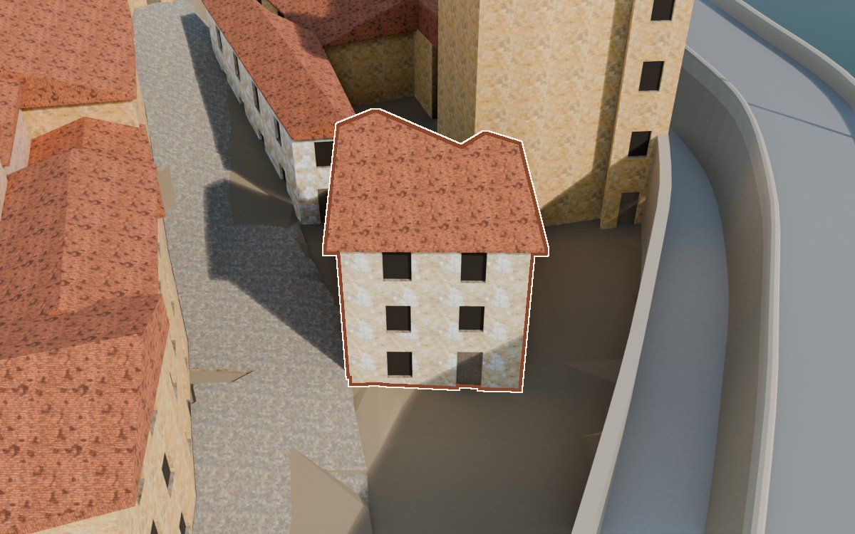 Casa del Carrer de la Barca a la reconstrucció 3D, vista des del seu carrer, amb el contorn marcat de color teula entre les cases del voltant