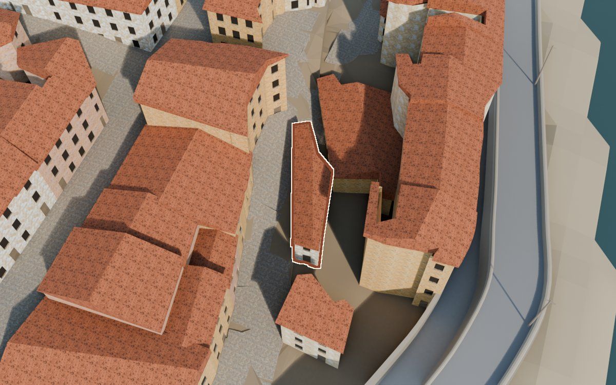 Casa del Carrer de la Barca a la reconstrucció 3D, vista des del costat on millor es veu, amb el contorn marcat de color teula entre les cases del voltant
