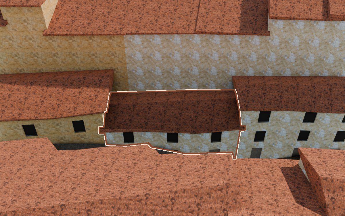 Casa del Carrer de la Barca a la reconstrucció 3D, vista des del costat on millor es veu, amb el contorn marcat de color teula entre les cases del voltant