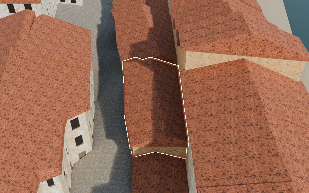 Casa del Carrer de la Barca a la reconstrucció 3D, vista des del costat on millor es veu, amb el contorn marcat de color teula entre les cases del voltant