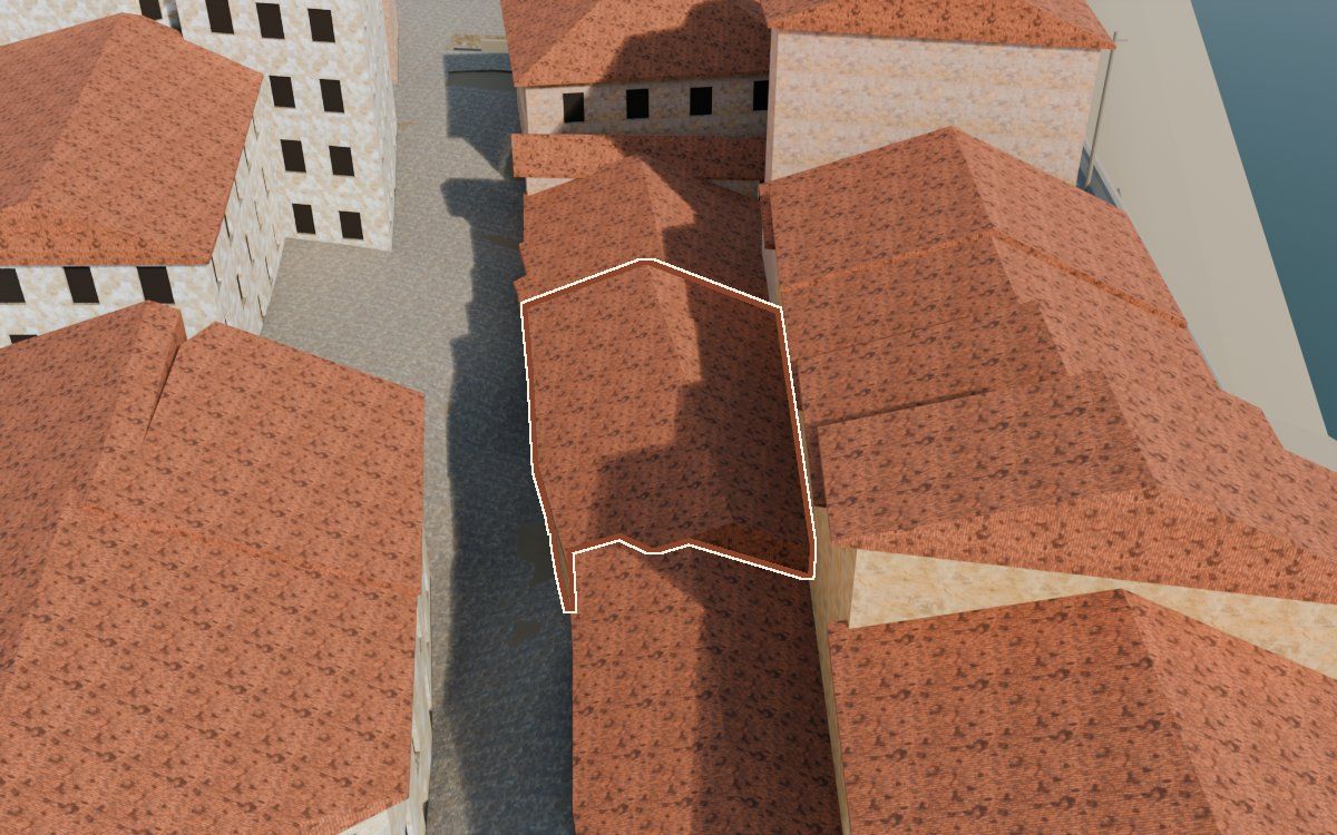 Casa del Carrer de la Barca a la reconstrucció 3D, vista des del seu carrer, amb el contorn marcat de color teula entre les cases del voltant