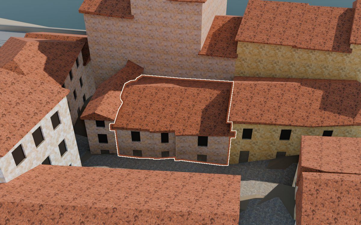 Casa del Carrer de la Barca a la reconstrucció 3D, vista des del seu carrer, amb el contorn marcat de color teula entre les cases del voltant