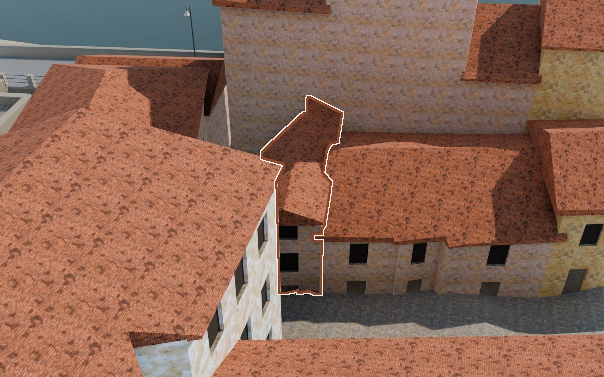 Casa del Carrer de la Barca a la reconstrucció 3D, vista des del seu carrer, amb el contorn marcat de color teula entre les cases del voltant