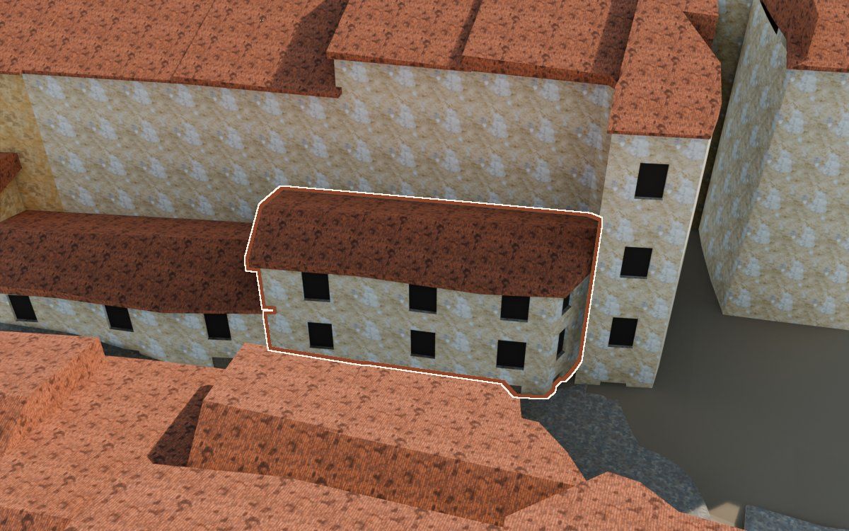 Casa del Carrer de la Barca a la reconstrucció 3D, vista des del seu carrer, amb el contorn marcat de color teula entre les cases del voltant
