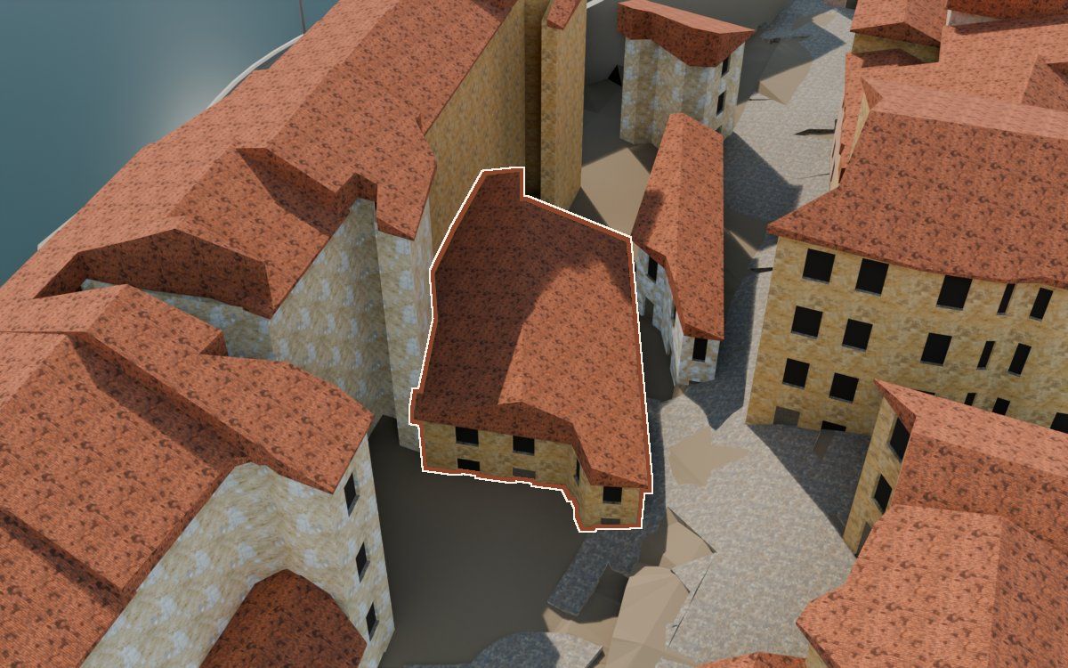 Casa del Carrer de la Barca a la reconstrucció 3D, vista des del costat on millor es veu, amb el contorn marcat de color teula entre les cases del voltant