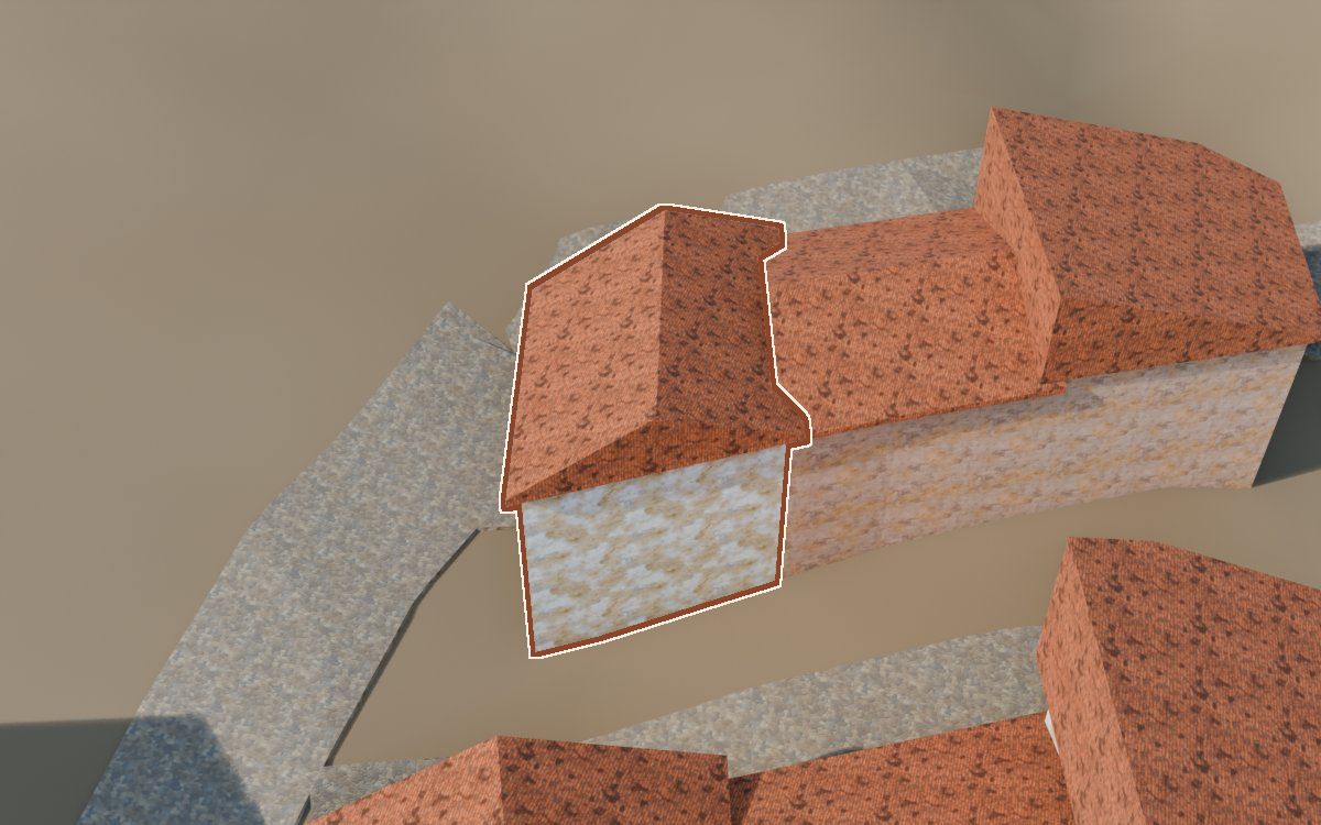 Casa del Carrer la Morera a la reconstrucció 3D, vista des del costat on millor es veu, amb el contorn marcat de color teula entre les cases del voltant