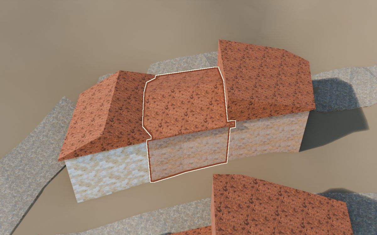 Casa del Carrer de Santa Agatòquia a la reconstrucció 3D, vista des del costat on millor es veu, amb el contorn marcat de color teula entre les cases del voltant