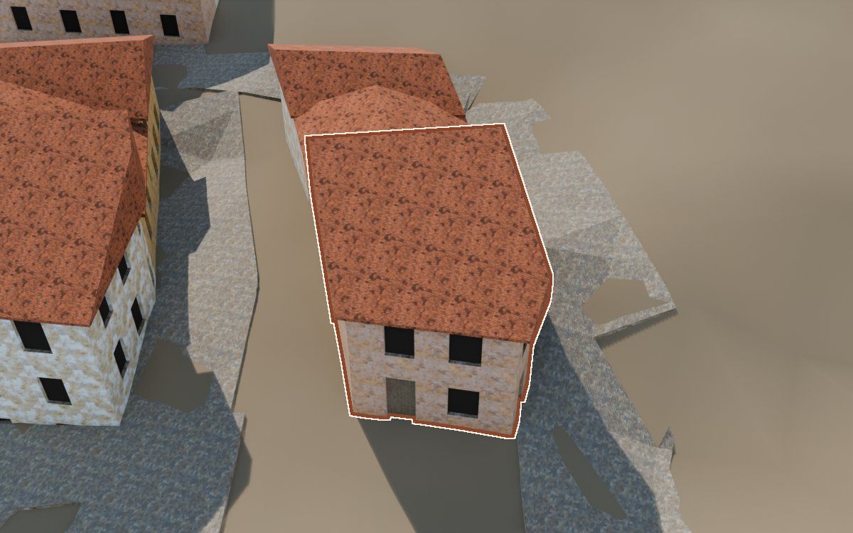 Casa del Carrer de Santa Agatòquia a la reconstrucció 3D, vista des del costat on millor es veu, amb el contorn marcat de color teula entre les cases del voltant