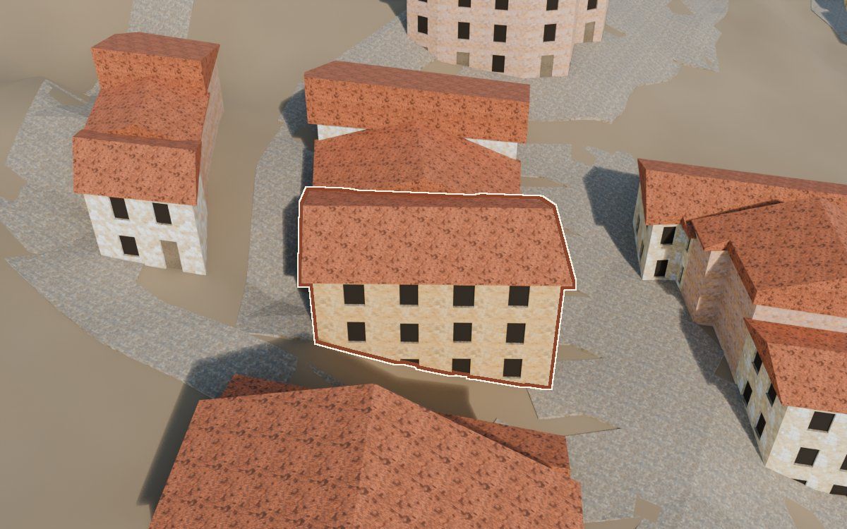 Casa del Carrer del Casino a la reconstrucció 3D, vista des del seu carrer, amb el contorn marcat de color teula entre les cases del voltant