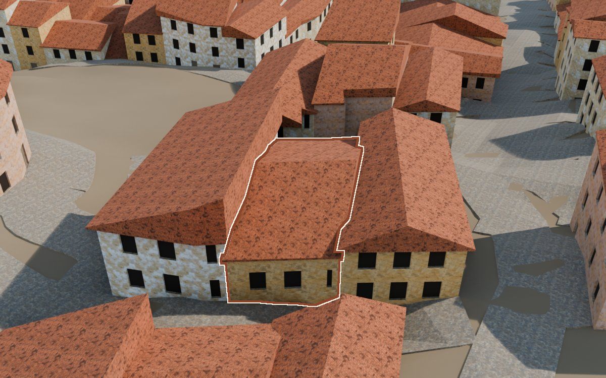 Casa del Carrer del Casino a la reconstrucció 3D, vista des del seu carrer, amb el contorn marcat de color teula entre les cases del voltant