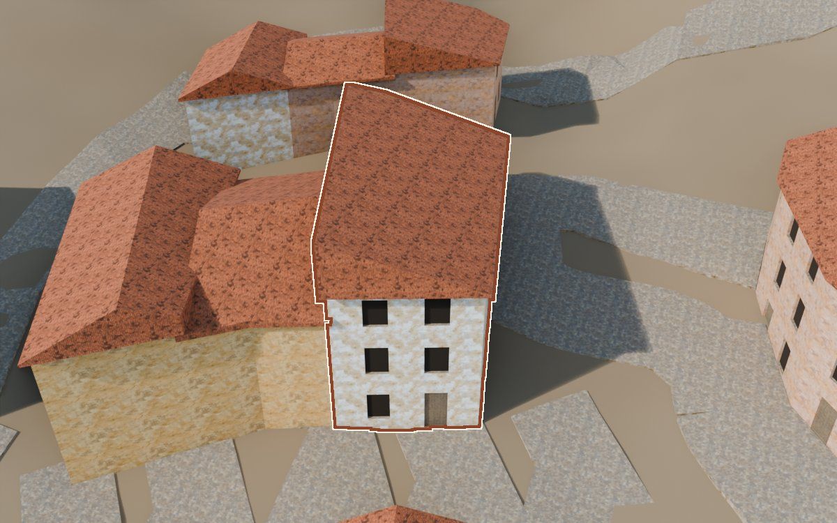 Casa del Carrer de Santa Agatòquia a la reconstrucció 3D, vista des del seu carrer, amb el contorn marcat de color teula entre les cases del voltant