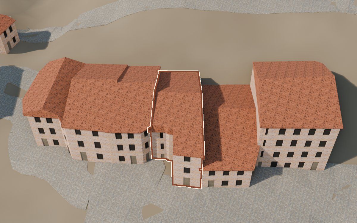 Manzana 61, n.º 4 a la reconstrucció 3D, vista des del costat on millor es veu, amb el contorn marcat de color teula entre les cases del voltant