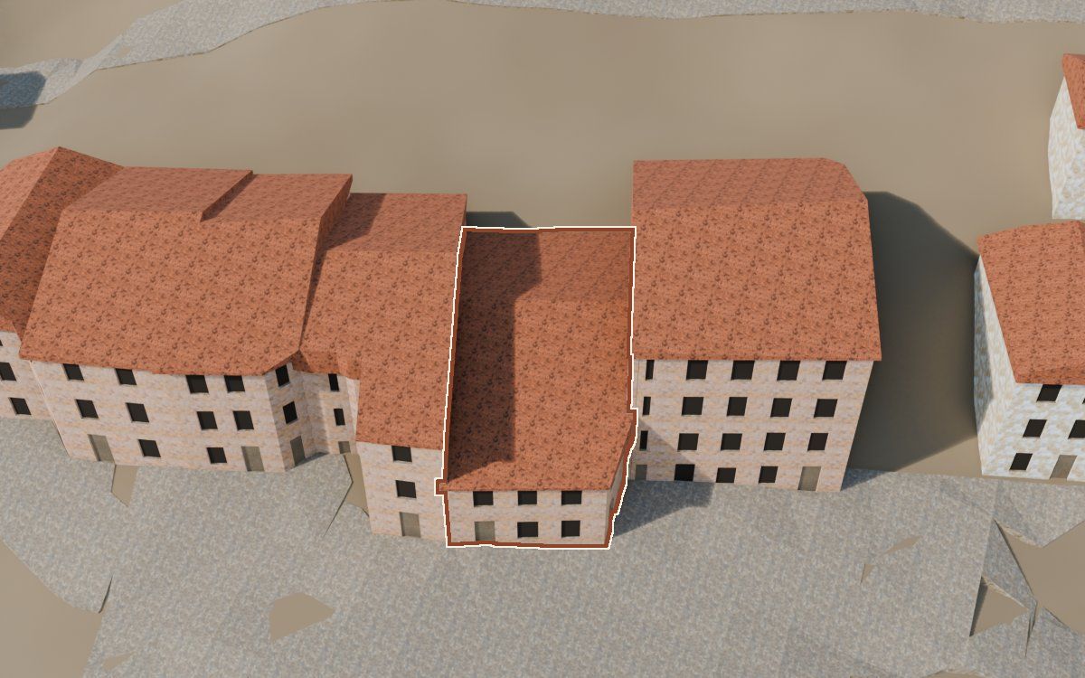 Manzana 61, n.º 5 a la reconstrucció 3D, vista des del costat on millor es veu, amb el contorn marcat de color teula entre les cases del voltant
