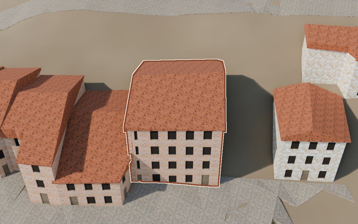 Manzana 61, n.º 6 a la reconstrucció 3D, vista des del seu carrer, amb el contorn marcat de color teula entre les cases del voltant