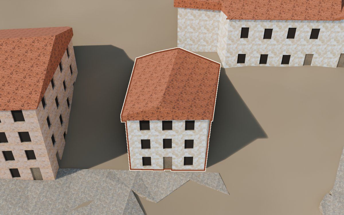 Casa del Carrer del Castell a la reconstrucció 3D, vista des del seu carrer, amb el contorn marcat de color teula entre les cases del voltant