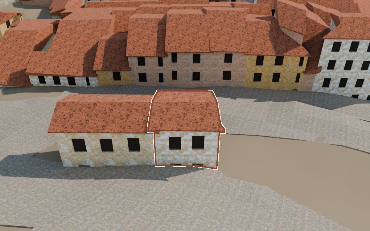 Casa del Carrer de les Penes a la reconstrucció 3D, vista des del seu carrer, amb el contorn marcat de color teula entre les cases del voltant