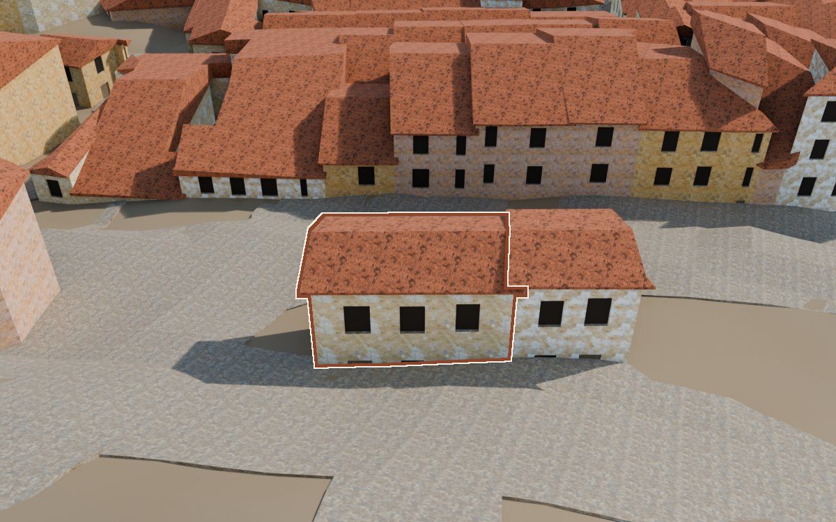 Casa del Carrer de les Penes a la reconstrucció 3D, vista des del seu carrer, amb el contorn marcat de color teula entre les cases del voltant