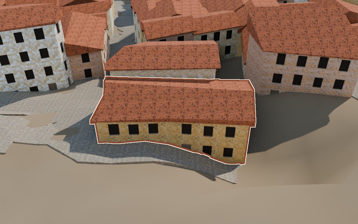 Casa del Carrer Muralla Vieja a la reconstrucció 3D, vista des del seu carrer, amb el contorn marcat de color teula entre les cases del voltant