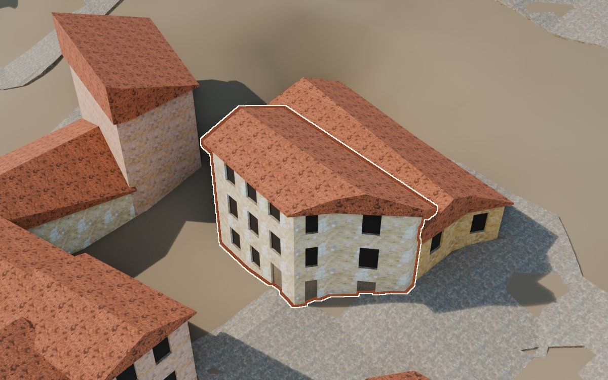 Casa del Carrer de les Pedres a la reconstrucció 3D, vista des del seu carrer, amb el contorn marcat de color teula entre les cases del voltant