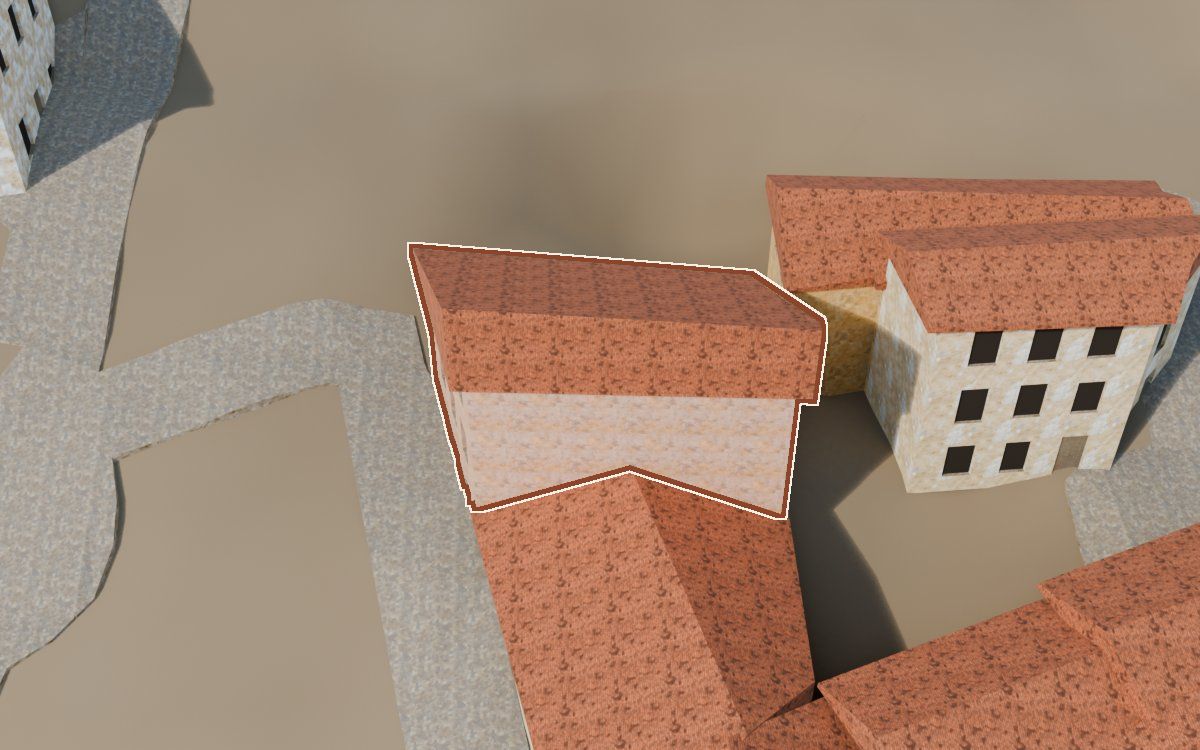 Casa del Carrer Sepulcro a la reconstrucció 3D, vista des del seu carrer, amb el contorn marcat de color teula entre les cases del voltant
