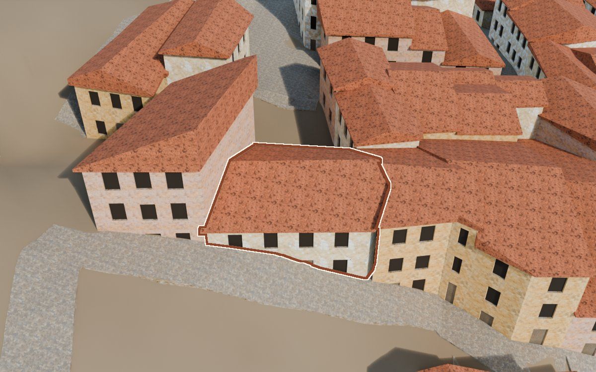 Casa del Carrer Sepulcro a la reconstrucció 3D, vista des del seu carrer, amb el contorn marcat de color teula entre les cases del voltant