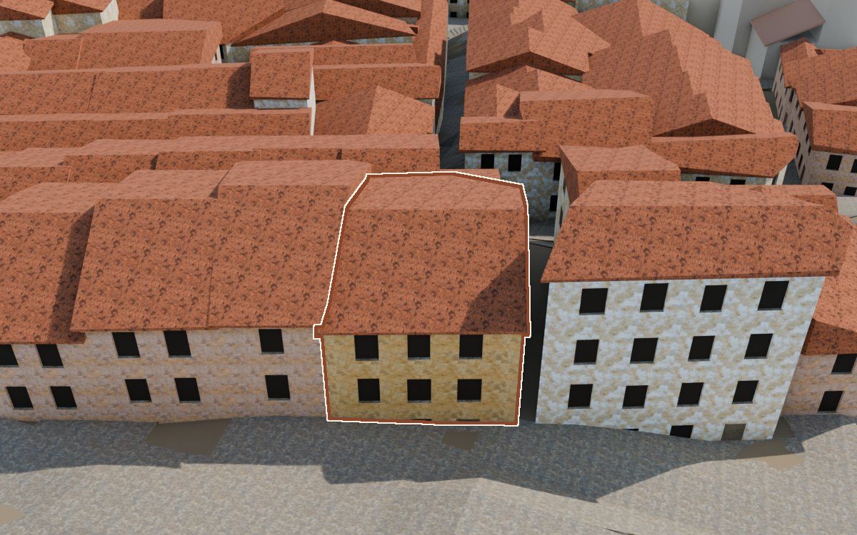 Manzana 53, n.º 16 y 7 a la reconstrucció 3D, vista des del seu carrer, amb el contorn marcat de color teula entre les cases del voltant
