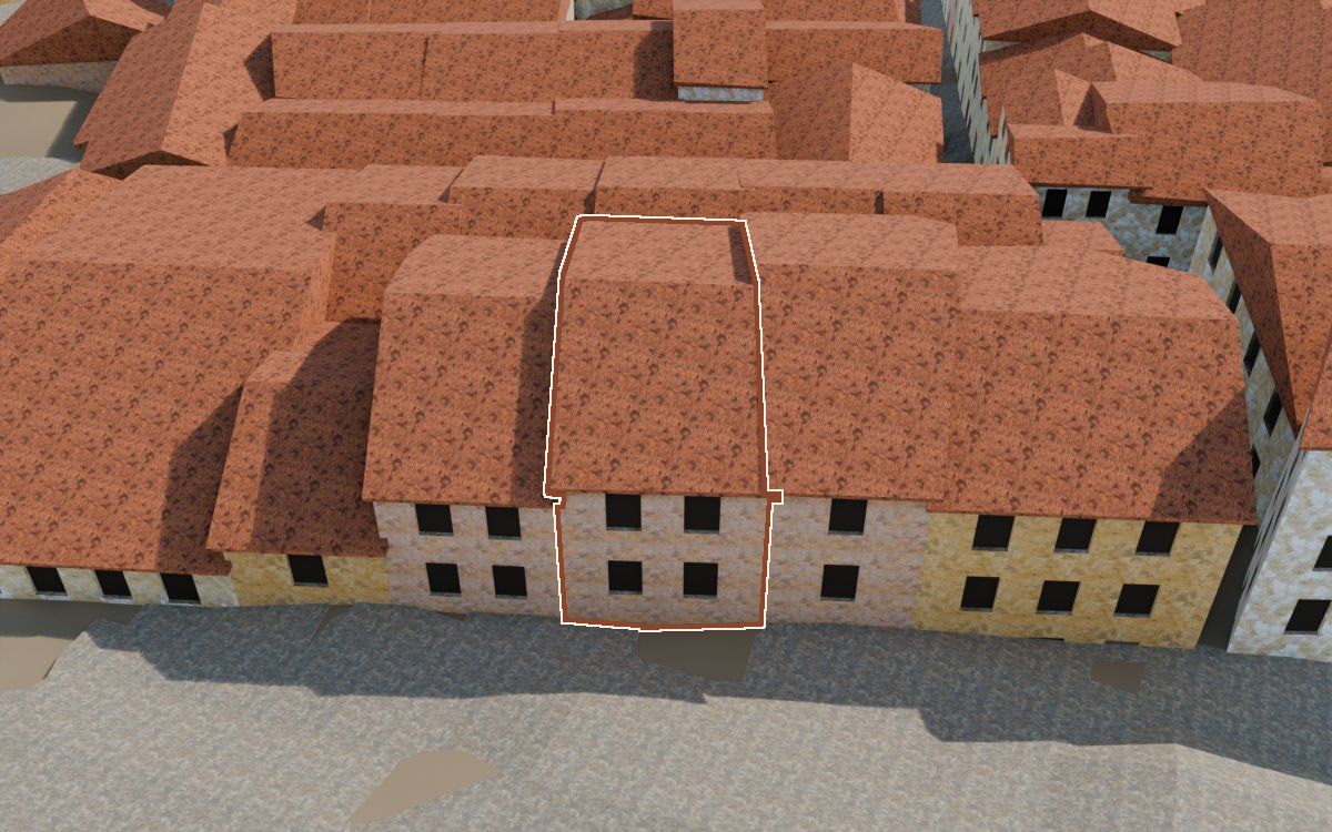 Manzana 53, n.º 18 a la reconstrucció 3D, vista des del costat on millor es veu, amb el contorn marcat de color teula entre les cases del voltant