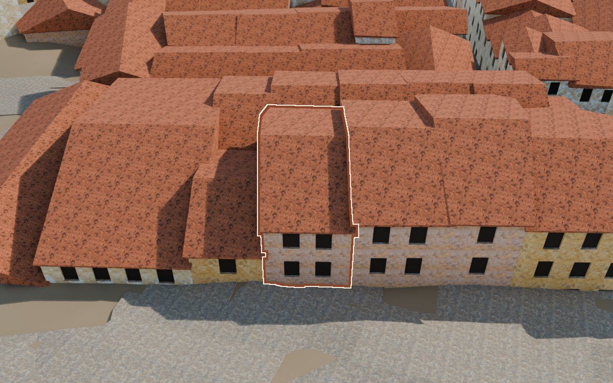 Manzana 53, n.º 19 a la reconstrucció 3D, vista des del costat on millor es veu, amb el contorn marcat de color teula entre les cases del voltant