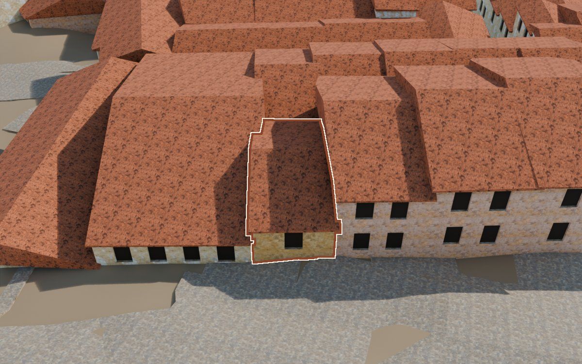 Manzana 53, n.º 20 a la reconstrucció 3D, vista des del costat on millor es veu, amb el contorn marcat de color teula entre les cases del voltant