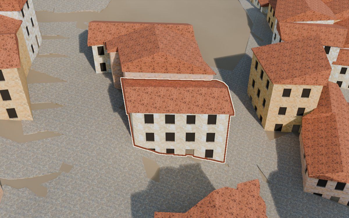 Casa del Carrer Sant Blas a la reconstrucció 3D, vista des del seu carrer, amb el contorn marcat de color teula entre les cases del voltant