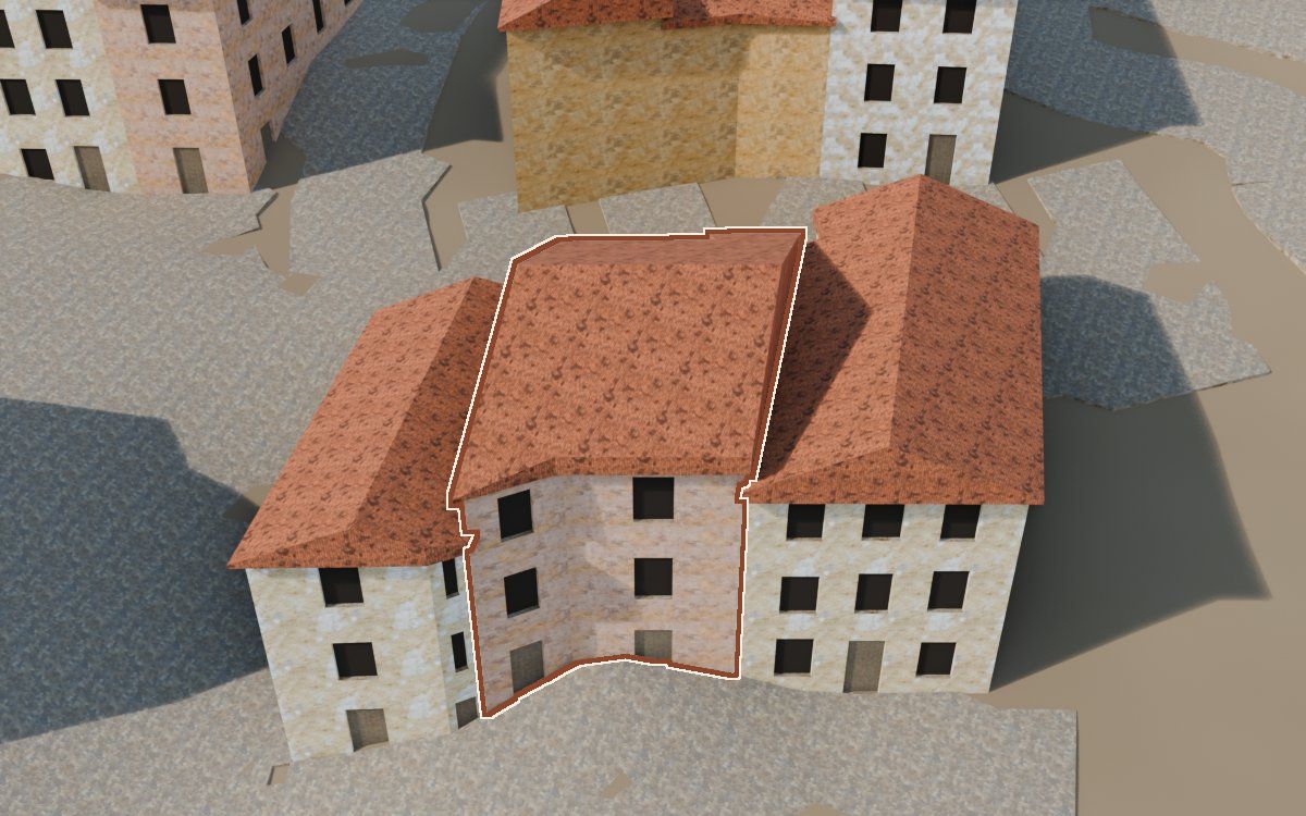 Casa del Carrer Sant Blas a la reconstrucció 3D, vista des del seu carrer, amb el contorn marcat de color teula entre les cases del voltant