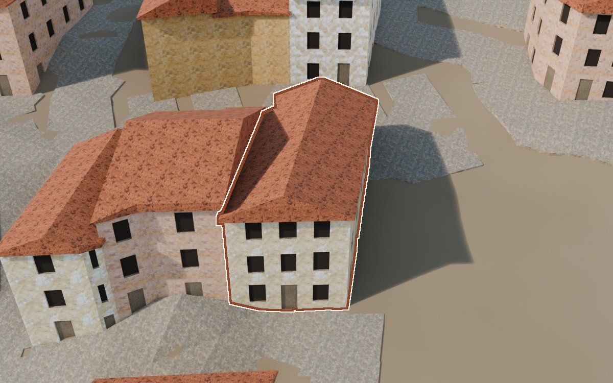 Casa del Carrer Sant Blas a la reconstrucció 3D, vista des del seu carrer, amb el contorn marcat de color teula entre les cases del voltant
