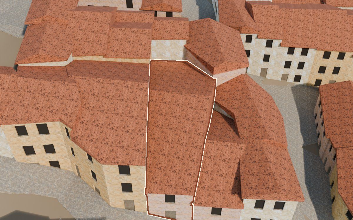 Manzana 41, n.º 14 a la reconstrucció 3D, vista des del costat on millor es veu, amb el contorn marcat de color teula entre les cases del voltant