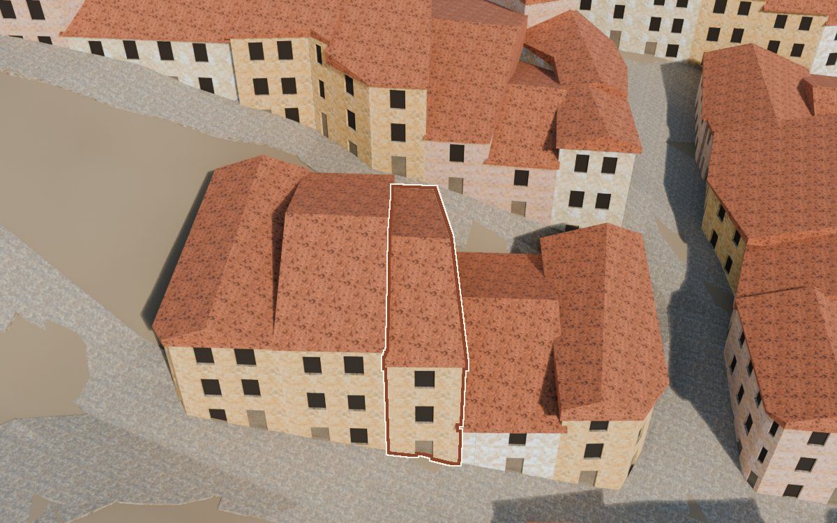 Manzana 42, parcela sin número leído a la reconstrucció 3D, vista des del costat on millor es veu, amb el contorn marcat de color teula entre les cases del voltant