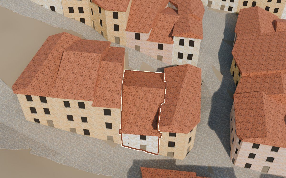 Manzana 42, n.º 4 a la reconstrucció 3D, vista des del costat on millor es veu, amb el contorn marcat de color teula entre les cases del voltant