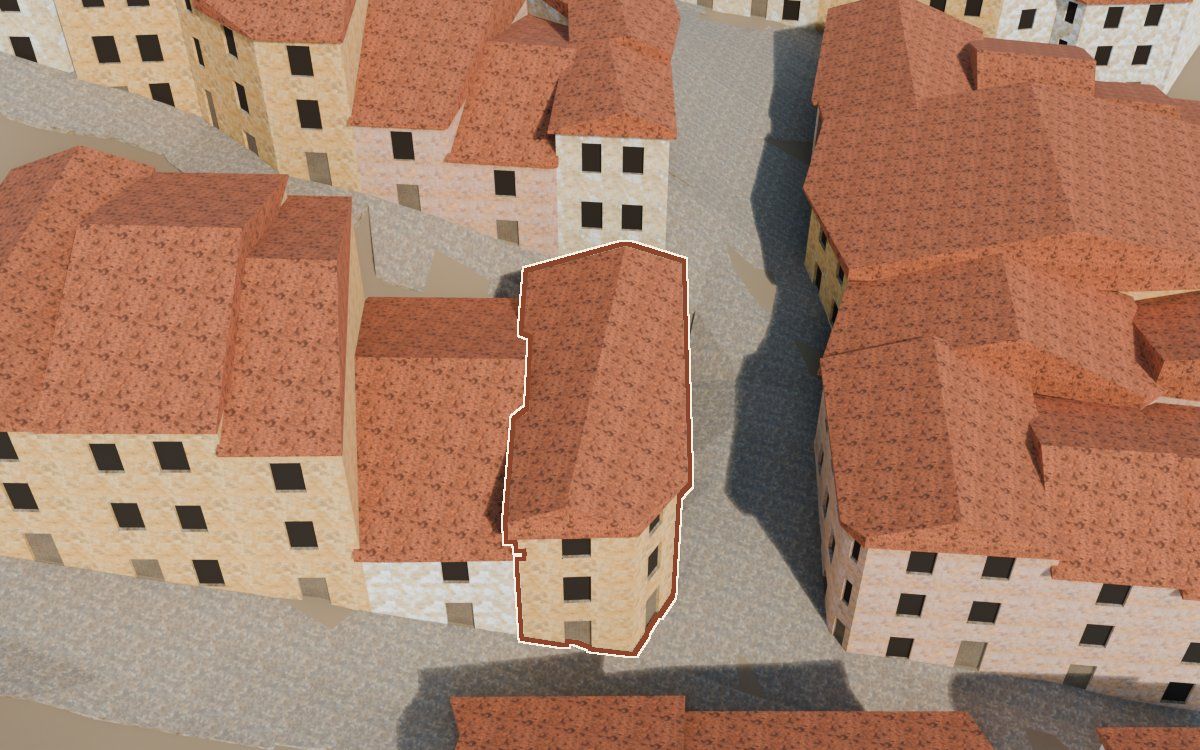 Manzana 42, n.º 5 a la reconstrucció 3D, vista des del costat on millor es veu, amb el contorn marcat de color teula entre les cases del voltant
