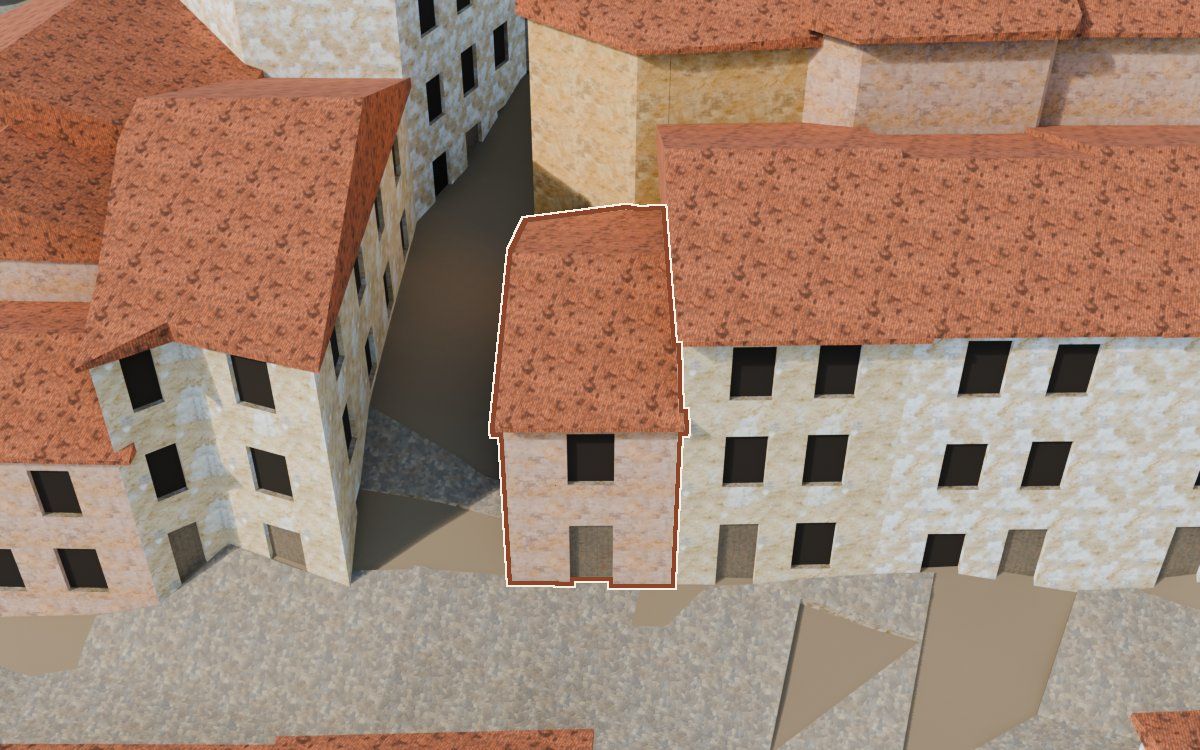 Manzana 53, parcela sin número leído a la reconstrucció 3D, vista des del seu carrer, amb el contorn marcat de color teula entre les cases del voltant