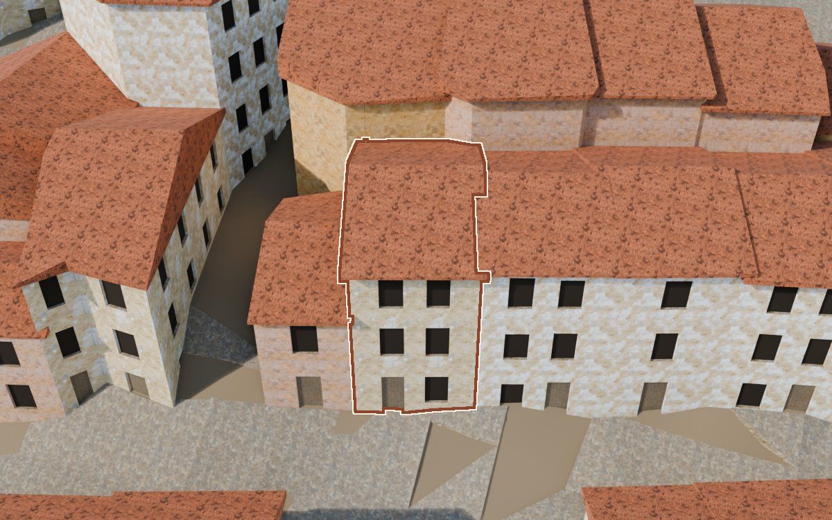 Manzana 53, n.º 6 a la reconstrucció 3D, vista des del seu carrer, amb el contorn marcat de color teula entre les cases del voltant