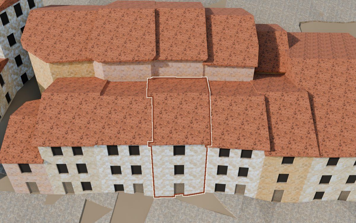 Manzana 53, n.º 4 a la reconstrucció 3D, vista des del costat on millor es veu, amb el contorn marcat de color teula entre les cases del voltant