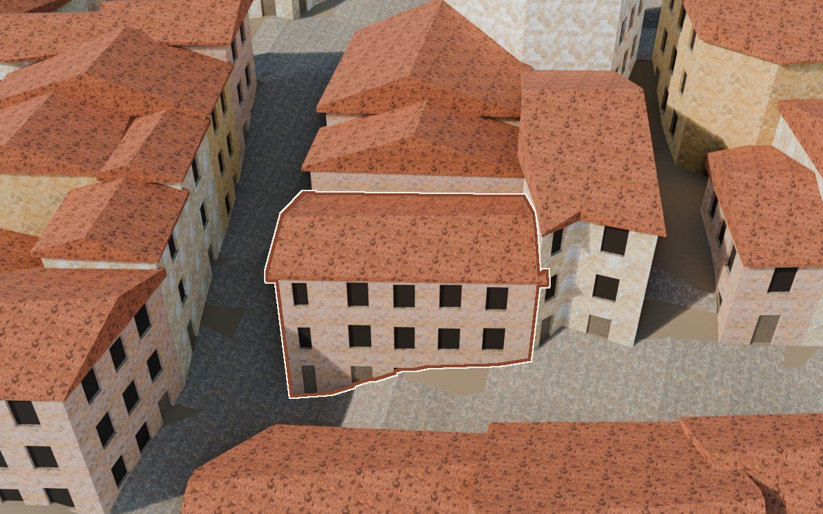 Manzana 53, n.º 11 y 10 a la reconstrucció 3D, vista des del seu carrer, amb el contorn marcat de color teula entre les cases del voltant
