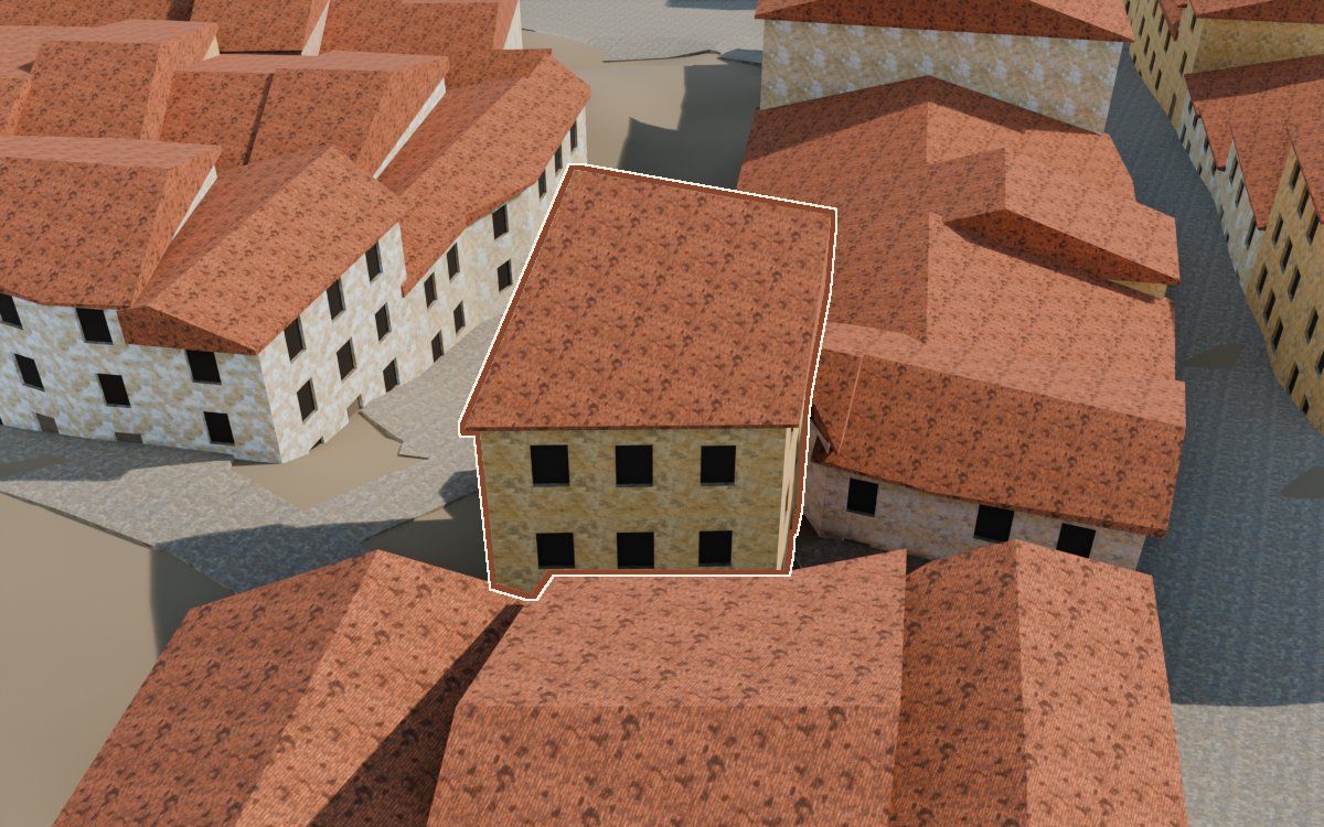 Casa del Carrer Sant Blas a la reconstrucció 3D, vista des del seu carrer, amb el contorn marcat de color teula entre les cases del voltant