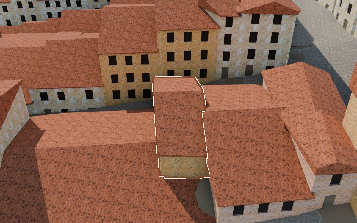Manzana 29, n.º 6 a la reconstrucció 3D, vista des del seu carrer, amb el contorn marcat de color teula entre les cases del voltant