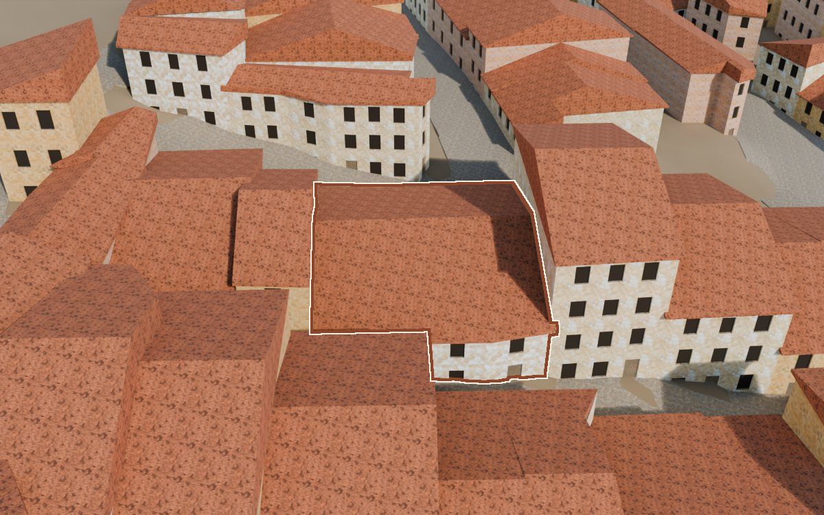 Manzana 29, n.º 7 a la reconstrucció 3D, vista des del seu carrer, amb el contorn marcat de color teula entre les cases del voltant