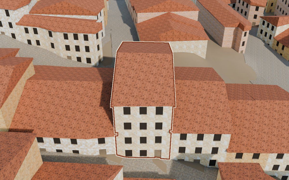 Casa del Carrer del Calvari a la reconstrucció 3D, vista des del seu carrer, amb el contorn marcat de color teula entre les cases del voltant