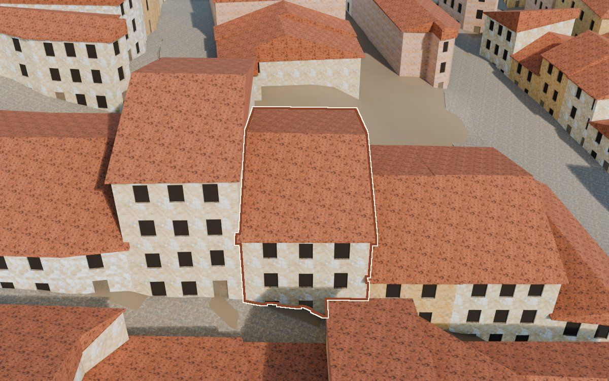 Manzana 29, n.º 9 a la reconstrucció 3D, vista des del seu carrer, amb el contorn marcat de color teula entre les cases del voltant